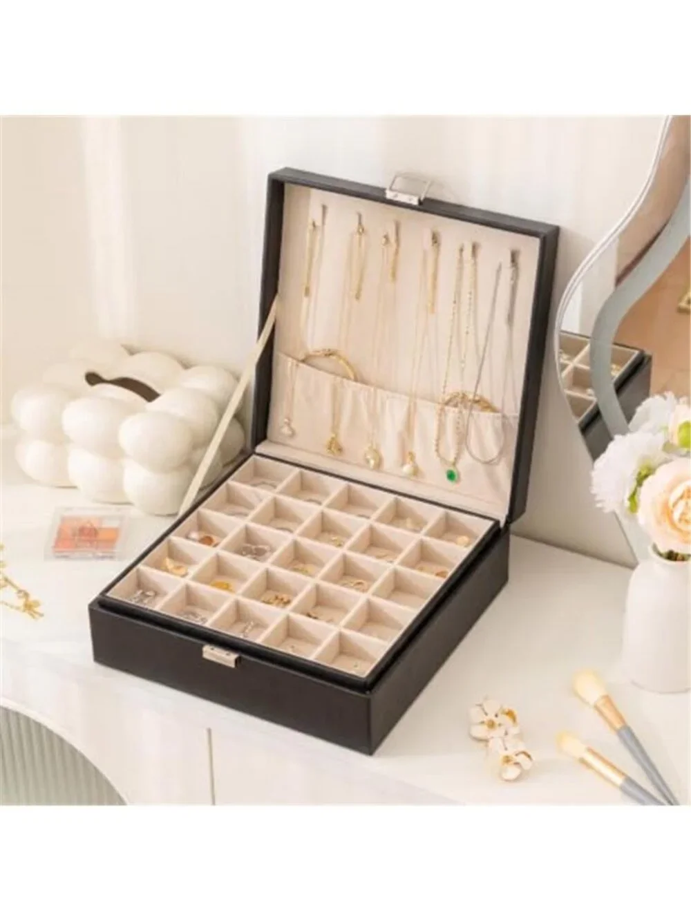Locking Jewelry Box Organizer Mirror Earring Ring Necklace Storage Case Black